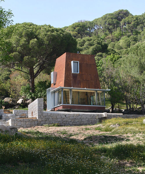 corten steel angular cabin emerges from pergamon forests in turkey